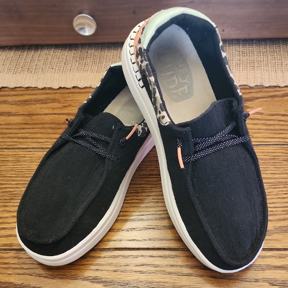 Hey Dude Black and White Flats with Patterned Trim